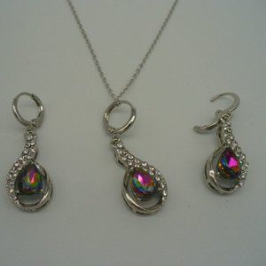 Multicolored Teardrop Gemstone with Rhinestones Earrings and Necklace Set
